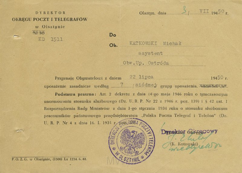 KKE 5580.jpg - Dok. Pismo z Dyrekcji Okręgu Poczt i Telekomunikacji w Olsztynie do Michała Katkowskiego dotyczące uposażenia zasadniczego, Olsztyn, 3 VII 1950 r.